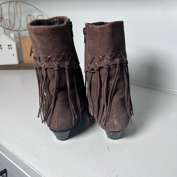 Oak Tree Farms Brown Suede Fringe Ankle Boots Women’s 8.5 Western Boho Side Zip - Picture 5 of 8